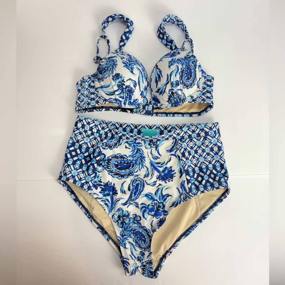 Coastal Blue Two Piece Blue and White Swimsuit Set High Rise Underwire Top Small